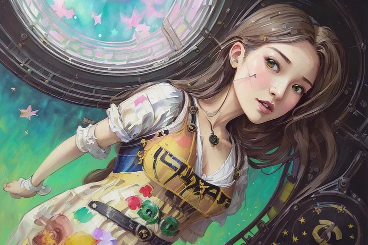 (Girlish Painting:1.3) of (Ultra detailed:1.3),(Cosy:1.3),best quality,masterpiece,highly detailed,ultra-detailed,unreal engin 5,octane render,(2D:1.2), limited palette flat color,, digital painting, artstation, concept art, smooth, sharp focus,art by ross tran and greg rutkowski and alphonse Mucha and Bak Karol,, (oil painting:1.16),(acrylic paint:1.16),(colorful:1.16), (watercolor:1.16),, by (nvinkpunk:1.0),(kuvshinov:1.0),(dreamlikeart:1.0),(samdoesart:1.0),(modelshoot style:1.0),(by Artist Koho Shoda:1.3),(by Artist Mike Mignola:1.3),(by Artist Joop Polder:1.3),(Classicism Art:1.3),(Industrial Art:1.3),(Solarpunk Art:1.3) ,

<lora:taiwanDollLikeness_v10:0.4>, <lora:galGadotLora_v10:0.3>,[Emma Watson:Chou Tzu-yu:0.1],
((out door, dark night)),
((The sky is beautiful, the stars)),
(((From below))), (fisheye shot:1.1)
hands behind body,
brown hair,
long hair,

(small breast:1.3),
(wearing chanel dress:1.2),
look up,

(Hogwarts:1.3),