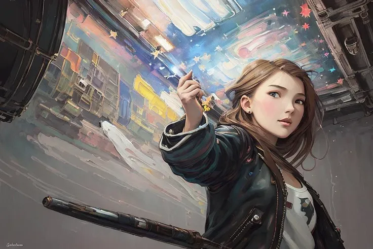 (Girlish Painting:1.3) of (Ultra detailed:1.3),(Cosy:1.3),best quality,masterpiece,highly detailed,ultra-detailed,unreal engin 5,octane render,(2D:1.2), limited palette flat color,, digital painting, artstation, concept art, smooth, sharp focus,art by ross tran and greg rutkowski and alphonse Mucha and Bak Karol,, (oil painting:1.16),(acrylic paint:1.16),(colorful:1.16), (watercolor:1.16),, by (nvinkpunk:1.0),(kuvshinov:1.0),(dreamlikeart:1.0),(samdoesart:1.0),(modelshoot style:1.0),(by Artist Koho Shoda:1.3),(by Artist Mike Mignola:1.3),(by Artist Joop Polder:1.3),(Classicism Art:1.3),(Industrial Art:1.3),(Solarpunk Art:1.3) ,

<lora:taiwanDollLikeness_v10:0.4>, <lora:galGadotLora_v10:0.3>,[Emma Watson:Chou Tzu-yu:0.1],
((out door, dark night)),
((The sky is beautiful, the stars)),
(((From below))), (fisheye shot:1.1)
hands behind body,
brown hair,
long hair,

(small breast:1.3),
(brown Leather jacket:1.2),
(white T -shirt:1.2),
look up,