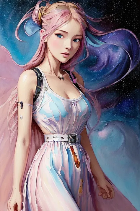 (Girlish Painting:1.3) of (Ultra detailed:1.3),(Cosy:1.3),best quality,masterpiece,highly detailed,ultra-detailed,unreal engin 5,octane render,(2D:1.2), limited palette flat color,, digital painting, artstation, concept art, smooth, sharp focus,art by ross tran and greg rutkowski and alphonse Mucha and Bak Karol,, (oil painting:1.16),(acrylic paint:1.16),(colorful:1.16), (watercolor:1.16),, by (nvinkpunk:1.0),(kuvshinov:1.0),(dreamlikeart:1.0),(samdoesart:1.0),(modelshoot style:1.0),(by Artist Koho Shoda:1.3),(by Artist Mike Mignola:1.3),(by Artist Joop Polder:1.3),(Classicism Art:1.3),(Industrial Art:1.3),(Solarpunk Art:1.3) ,

shot (from_side:1.6)

<lora:taiwanDollLikeness_v10:0.4>, <lora:galGadotLora_v10:0.3>,[Emma Watson:Chou Tzu-yu:0.1],
((out door, dark night)),
((The sky is beautiful, the stars)),
hands behind body,
blue eyes,
pink hair,
the wind blows hair,
long hair,
(small breast:1.3),
(wearing  Prada Coat:1.2),
(wearing  Prada dress:1.2),
(sports shoes:1.3),
look away,
full body,
(( (The sky is beautiful, the Milky Way, the stars))),