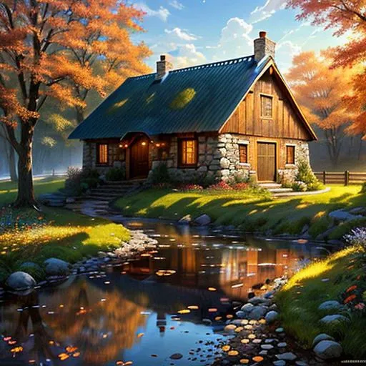 stone cottage, verdant, flowers, autumn leaves, absurd res, maximum detail, best quality, digital illustration, Most beautiful artwork in the world, Beautiful environment, Photorealistic painting art by midjourney, Professional majestic oil painting, Portfolio piece, Fantastic location, (global illumination, studio light, volumetric light)