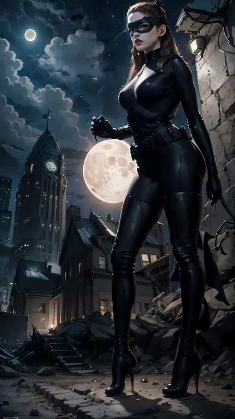 masterpiece, best quality,8K, wallpaper, photorealistic, high detail, beautiful face, detailed face. Selina Kyle, <lora:Selina Kyle:0.8>, night, rim light, looking at viewer, moon, (from below), full body, <lora:add_brightness:1.5>