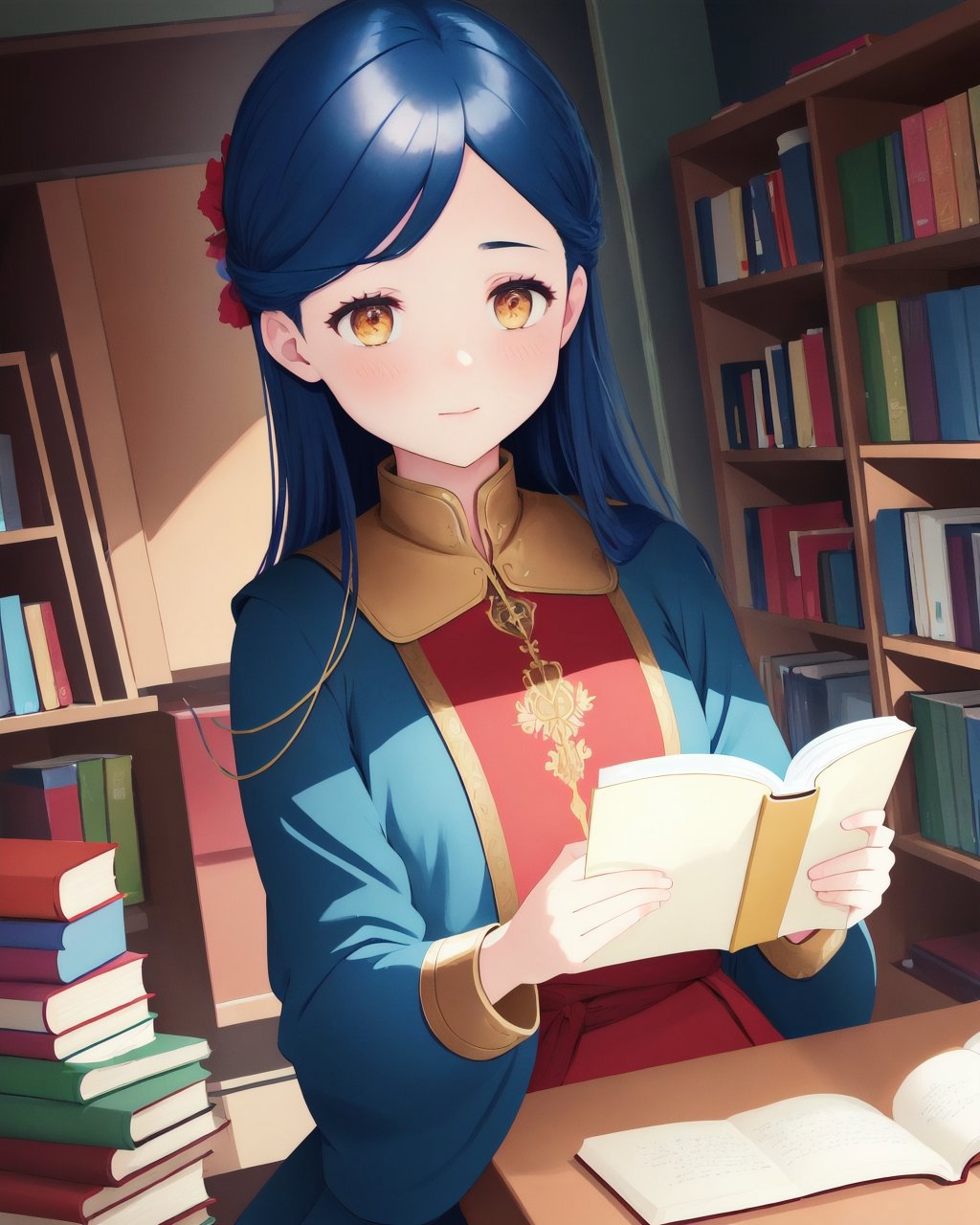 A woman in a blue dress is reading a book in a library - SeaArt AI