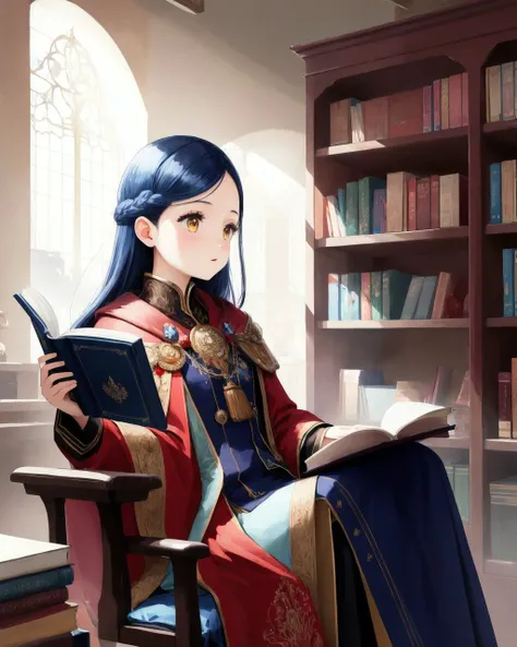 best quality,masterpiece,highly detailed,ultra-detailed,1girl upper body ,Ascendance of a Bookworm,Rosemyne
1girl, solo,  Myne, Rosemyne, detailed face, blue hair, blue ceremonial clothes, rosemyne bookworm, sitting, reading book
The titular bookworm, Urano (a college student) was on the cusp of being a librarian when she was ironically crushed to death under a pile of books during an earthquake and reincarnated as a sickly five-year-old girl named Myne, but in a world where books are only for extremely rich nobles. Her frailty is due to a rare disease known as the "Devouring," which consists of high fevers that spark whenever the host is stressed or depressed. Now, Myne has to put her book-knowledge to the test in order to become a librarian in her new world.
 <lora:Rosemyne1:1.0:Chr>
 <lora:anime_minimalist_v1:-0.3:Chr>
The Citadel Library:Perched atop the floating city of the Citadel on the planet of Ravnica, the Citadel Library is a marvel of architecture and knowledge. The library's exterior resembles a towering fortress, adorned with intricate carvings of mythical creatures and fantastical landscapes. As one enters, they are greeted by a vast atrium with a soaring ceiling, adorned with celestial murals and a massive crystal chandelier that bathes the space in a soft, ethereal light. Bookshelves climb to dizzying heights, housing ancient grimoires, scrolls, and magical artifacts. Mages and scholars from various guilds can be seen engaged in intense debates and research, their robes flowing as they traverse the winding staircases that lead to hidden alcoves and reading chambers.