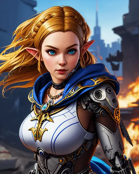 best quality,masterpiece,highly detailed,ultra-detailed, 1girl,<lora:neg4all_bdsqlsz_V3.5:-1>princess Zelda,princess zelda, the legend of zelda: breath of the wild, blurry background, depth of field,
pointy ears, blonde hair, braid, hair ornament, necklace, aqua eyes, mechanical parts,
upper body portrait, solo,aqua bodysuit,blue cloak,
( cyborg, mechanical arms,:1.2) gameplay mechanics, weapon, holding weapon,
cityscape,
<lora:de-anime-er_v10:-0.4> <lora:animezer:1> <lora:Celluloid-photo:1>
<lora:FutureCity_last:0.5>
<lora:matureteen_last:1>
<lora:Graphite_last:1>
<lora:princessZeldaLora_v1:0.75>, unreal engin 5,octane render,(2D:1.2), digital painting, artstation, concept art, smooth, sharp focus,art by ross tran and greg rutkowski and alphonse Mucha and Bak Karol