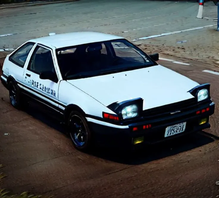 masterpiece, high quality, car. outdoors, driving, <lora:AE86_2:0.8>