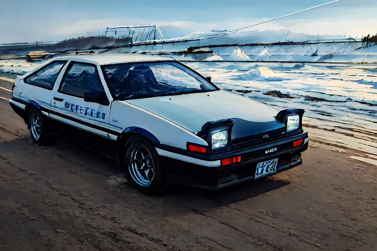 masterpiece,best quality,official art,extremely detailed CG unity 8k wallpaper,illustration,light,official art,extremely detailed CG unity 8k wallpaper,illustration,day, in winter,snow, beautiful detailed sky, light,forest,highway, outdoors,1car, (car:1), ground vehicle, sports car, <lora:AE86_2-000003:0.8>