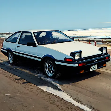 masterpiece, day, (in winter:1.25), (snow:1.15), beautiful detailed sky, driving, on road, light, (forest:1.15), (highway:1.15), outdoors,1car, (car:1), ground vehicle, sports car, <lora:AE86_2-000003:0.8>