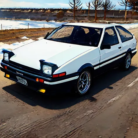 masterpiece, day, (in winter:1.25), (snow:1.15), beautiful detailed sky, driving, on road, light, (forest:1.15), (highway:1.15), outdoors,1car, (car:1), ground vehicle, sports car, <lora:AE86_2-000003:0.8>