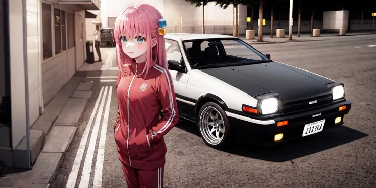 1girl, motor vehicle, parking lot, night,
AND 1girl, motor vehicle, parking lot, night, <lora:hitoriGotohBocchiThe_v1:1>, hitori bocchi, pink hair, long hair, pink track suit, cube hair ornament,
AND 1girl, motor vehicle, parking lot, night, <lora:toyotaAE86_ae86:0.7>,, detailed background, masterpiece, best quality,