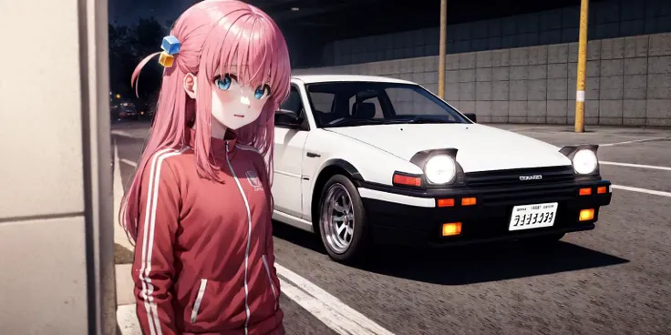 1girl, motor vehicle, parking lot, night, 
AND 1girl, motor vehicle, parking lot, night, <lora:hitoriGotohBocchiThe_v1:1>, hitori bocchi, pink hair, long hair, pink track suit, cube hair ornament, 
AND 1girl, motor vehicle, parking lot, night, <lora:toyotaAE86_ae86:0.7>,, detailed background, masterpiece, best quality,