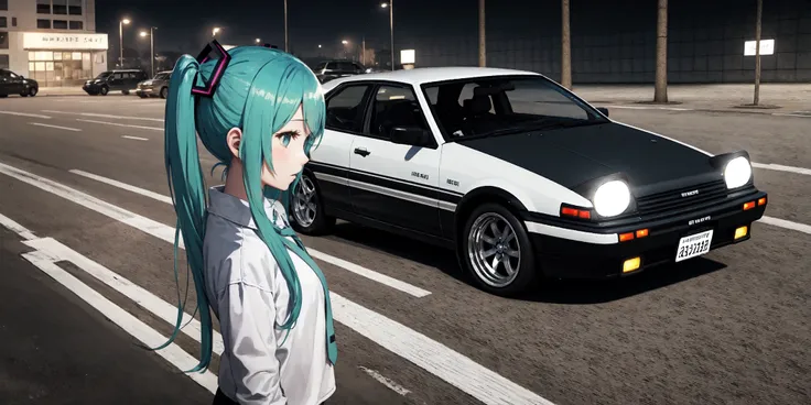 1girl, motor vehicle, parking lot, night,
AND 1girl, motor vehicle, parking lot, night, hatsune miku,
AND 1girl, motor vehicle, parking lot, night, <lora:toyotaAE86_ae86:0.7>,, detailed background, masterpiece, best quality,