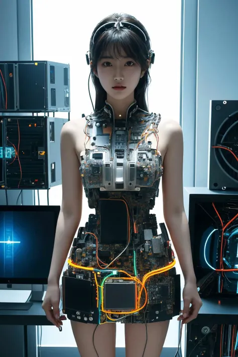 <lora:c0mp:0.65>, c0mp, machinery, cables, wires, computer part dress, short dress, best quality, masterpiece, illustration, realistic, photo-realistic, amazing, finely detail, incredibly absurdres, huge filesize, ultra-detailed, highres, extremely detailed CG unity 8k wallpaper, nsfw, (nude:1.2), A seductive young Korean woman wearing a revealing futuristic mini dress made of computer parts. The dress has small LCD screens, glowing cables connecting from the dress to her headpiece, motherboards, hard drives, graphics cards, memory modules, CPUs, and heat sinks incorporated into the minimalist design, barely covering her body. She is posing in a high-tech white room with bright glowing accents. Her pose is alluring and she gazes directly at the viewer. Extremely high detail, cinematic, photorealistic rendering.
