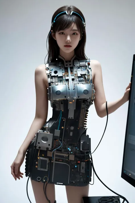 <lora:c0mp:0.65>, c0mp, machinery, cables, wires, computer part dress, short dress, best quality, masterpiece, illustration, realistic, photo-realistic, amazing, finely detail, incredibly absurdres, huge filesize, ultra-detailed, highres, extremely detailed CG unity 8k wallpaper, nsfw, (nude:1.2), A seductive young Korean woman wearing a revealing futuristic mini dress made of computer parts. The dress has small LCD screens, glowing cables connecting from the dress to her headpiece, motherboards, hard drives, graphics cards, memory modules, CPUs, and heat sinks incorporated into the minimalist design, barely covering her body. She is posing in a high-tech white room with bright glowing accents. Her pose is alluring and she gazes directly at the viewer. Extremely high detail, cinematic, photorealistic rendering.