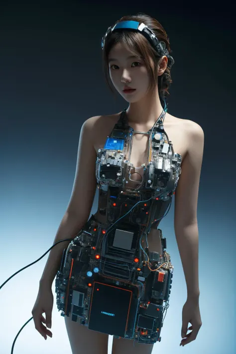 <lora:c0mp:0.65>, c0mp, machinery, cables, wires, computer part dress, short dress, best quality, masterpiece, illustration, realistic, photo-realistic, amazing, finely detail, incredibly absurdres, huge filesize, ultra-detailed, highres, extremely detailed CG unity 8k wallpaper, nsfw, (nude:1.2), A seductive young Korean woman wearing a revealing futuristic mini dress made of computer parts. The dress has small LCD screens, glowing cables connecting from the dress to her headpiece, motherboards, hard drives, graphics cards, memory modules, CPUs, and heat sinks incorporated into the minimalist design, barely covering her body. She is posing in a high-tech white room with bright glowing accents. Her pose is alluring and she gazes directly at the viewer. Extremely high detail, cinematic, photorealistic rendering.