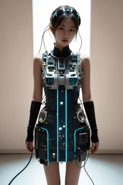 <lora:c0mp:0.65>, c0mp, machinery, cables, wires, computer part dress, short dress, best quality, masterpiece, illustration, realistic, photo-realistic, amazing, finely detail, incredibly absurdres, huge filesize, ultra-detailed, highres, extremely detailed CG unity 8k wallpaper, nsfw, (nude:1.2), A seductive young Korean woman wearing a revealing futuristic mini dress made of computer parts. The dress has small LCD screens, glowing cables connecting from the dress to her headpiece, motherboards, hard drives, graphics cards, memory modules, CPUs, and heat sinks incorporated into the minimalist design, barely covering her body. She is posing in a high-tech white room with bright glowing accents. Her pose is alluring and she gazes directly at the viewer. Extremely high detail, cinematic, photorealistic rendering.