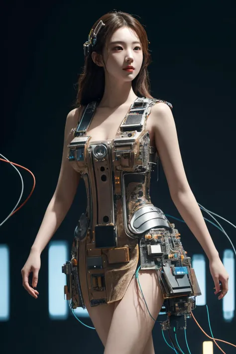 <lora:c0mp:0.6>, c0mp, machinery, cables, wires, computer part dress, short dress, best quality, masterpiece, illustration, realistic, photo-realistic, amazing, finely detail, incredibly absurdres, huge filesize, ultra-detailed, highres, extremely detailed CG unity 8k wallpaper, nsfw, (nude:1.2), A cute young Korean woman wearing a fantastical futuristic dress made of computer parts. The dress is short with LED lights, motherboards, hard drives, graphics cards, CD drives, memory modules, CPUs, and heat sinks incorporated into the design. She is walking down a runway, shown in a close-up fashion model photograph. The lighting is bright and vibrant. Extremely high detail, cinematic, photorealistic rendering.