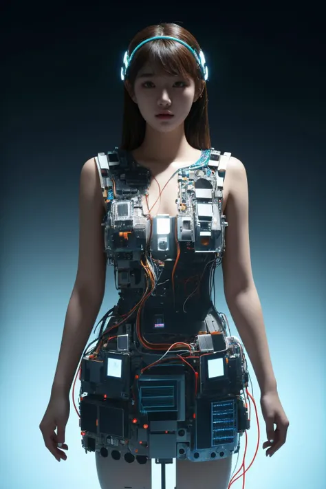 <lora:c0mp:0.65>, c0mp, machinery, cables, wires, computer part dress, short dress, best quality, masterpiece, illustration, realistic, photo-realistic, amazing, finely detail, incredibly absurdres, huge filesize, ultra-detailed, highres, extremely detailed CG unity 8k wallpaper, nsfw, (nude:1.2), A seductive young Korean woman wearing a revealing futuristic mini dress made of computer parts. The dress has small LCD screens, glowing cables connecting from the dress to her headpiece, motherboards, hard drives, graphics cards, memory modules, CPUs, and heat sinks incorporated into the minimalist design, barely covering her body. She is posing in a high-tech white room with bright glowing accents. Her pose is alluring and she gazes directly at the viewer. Extremely high detail, cinematic, photorealistic rendering.
