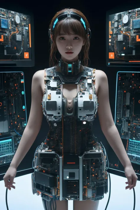 <lora:c0mp:0.65>, c0mp, machinery, cables, wires, computer part dress, short dress, best quality, masterpiece, illustration, realistic, photo-realistic, amazing, finely detail, incredibly absurdres, huge filesize, ultra-detailed, highres, extremely detailed CG unity 8k wallpaper, nsfw, (nude:1.2), A seductive young Korean woman wearing a revealing futuristic mini dress made of computer parts. The dress has small LCD screens, glowing cables connecting from the dress to her headpiece, motherboards, hard drives, graphics cards, memory modules, CPUs, and heat sinks incorporated into the minimalist design, barely covering her body. She is posing in a high-tech white room with bright glowing accents. Her pose is alluring and she gazes directly at the viewer. Extremely high detail, cinematic, photorealistic rendering.