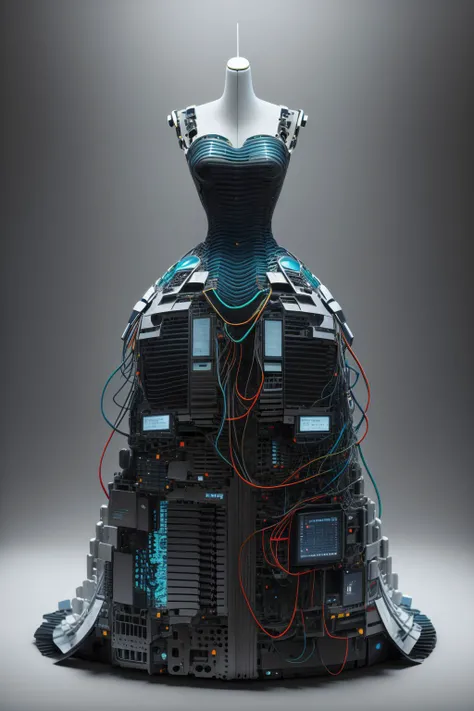 <lora:w4vy:0.5> , w4vy, wavy dress, sleeveless, strapless, (full body), long dress,soft light, cinematic lighting, <lora:c0mp:0.9>,c0mp, machinery, cables, wires, computer part dress, short/long dress, <lora:hajime_sorayama_finetuned:0.7> by hajime sorayama, (masterpiece, best quality, high quality, highres, ultra-detailed),