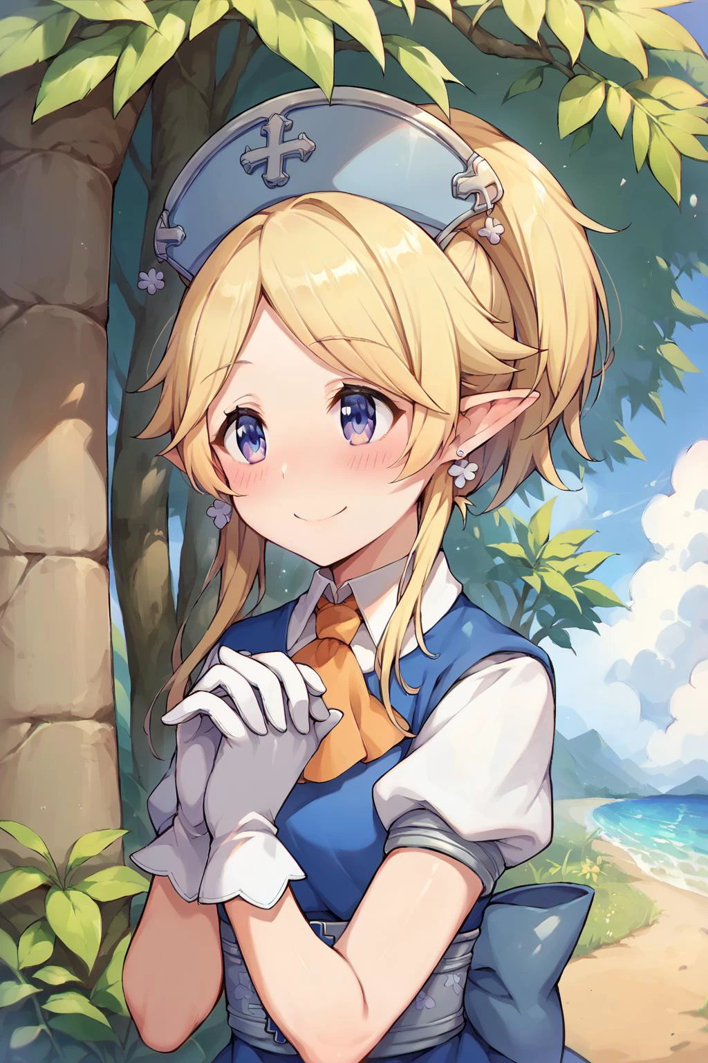 score_9, score_8_up, score_7_up, uncensored, source_anime, 1girl, <lora:sppriconneYukariponyXL:1> yukaridef, hat, cross earrings, blue dress, orange ascot, white shirt, white gloves, day, lemon print, outdoors, simple background, blush, own hands together, smile, solo