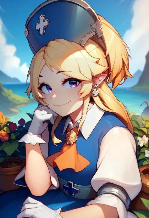 score_9, score_8_up, score_7_up, solo, 1girl, yukaridef, smile, looking at viewer, sitting, hat, cross earrings, blue dress, orange ascot, white shirt, white gloves, outdoors <lora:style_qt0ri_ponyXL-000011:1> <lora:sppriconneYukariponyXL:1>