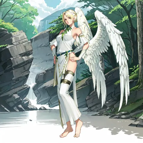 <lora:Angel_Tekken:0.7>outdoor,forest,high quality,Masterpeace,Angel_Tekken, 1girl, solo, blonde hair, bare shoulders, detached sleeves, barefoot, feathered wings, angel wings, white wings, angel, multiple wings,standing,full body,hand on hip