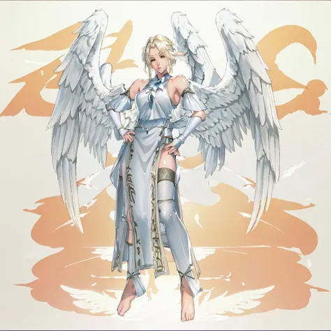 <lora:Angel_Tekken:1>outdoor,forest,high quality,Masterpeace,Angel_Tekken, 1girl, solo, blonde hair, bare shoulders, detached sleeves, barefoot, feathered wings, angel wings, white wings, angel, multiple wings,standing,full body,hand on hip