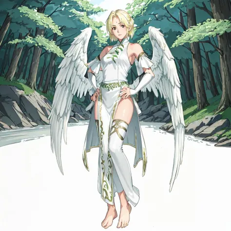 <lora:Angel_Tekken:0.7>outdoor,forest,high quality,Masterpeace,Angel_Tekken, 1girl, solo, blonde hair, bare shoulders, detached sleeves, barefoot, feathered wings, angel wings, white wings, angel, standing,full body,hand on hip