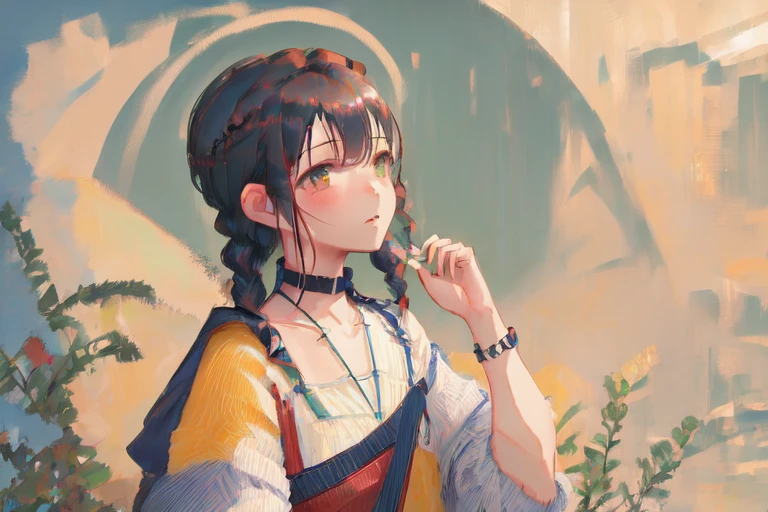 anime, pastel,wdgoodprompt,exceptional, masterpiece,newest,1girl, anime character, extremely detailed CG, masterpiece,best quality,((ultra-detailed)),classroom background,(fantasy),
((black hair)), black short, bracelet, breasts, buttons, , double-breasted, eyewear removed, red jacket, red eyes, grey sky, jacket, j, twin braids,braids, from_above, hair gradient , choker, off shoulder, rain, round eyewear, skirt, sidelocks, small breasts, solo,small breasts,masterpiece:1.2 (1girl, waifu, exceptional, best aesthetic, new, newest, best quality, masterpiece:1.2)