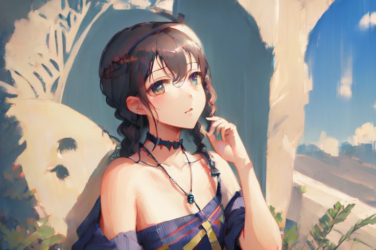 wdgoodprompt,exceptional, masterpiece,oldest,1girl, anime character, extremely detailed CG, masterpiece,best quality,ultra-detailed,(fantasy),
(black hair), black short, bracelet, breasts, buttons, , double-breasted, eyewear removed, red jacket, red eyes, grey sky, jacket, j, twin braids,braids, from_above, hair gradient , choker, off shoulder, rain, round eyewear, skirt, sidelocks, small breasts, solo,small breasts,masterpiece:1.2 (1girl, waifu, exceptional, best aesthetic,oldest, best quality, masterpiece:1.2)
