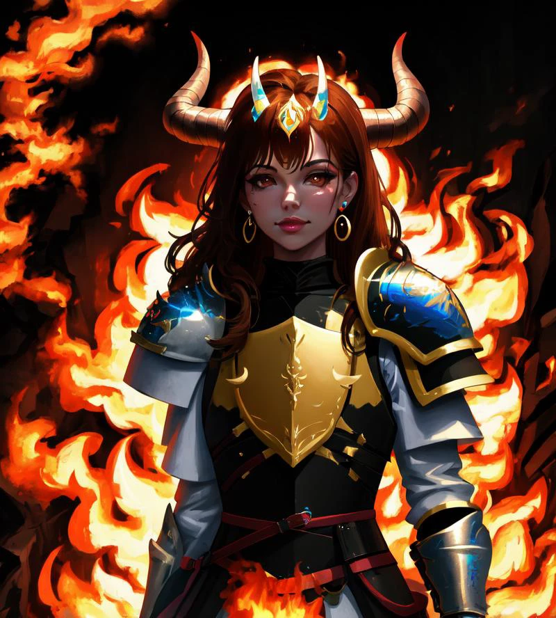 masterpiece, best quality, absurdres, anime
1girl, solo, armor, fire, weapon, long hair, brown hair, helmet, looking at viewer, breastplate, jewelry, fake horns, earrings, horns, brown eyes, lips, closed mouth, shoulder armor, faulds, cowboy shot