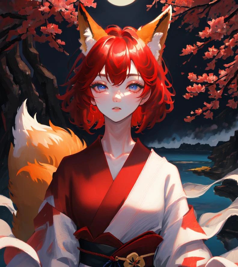 masterpiece, highest quality, 1girl, animal ears, bangs, branch, blue eyes, red hair, flower, fox ears, fox girl, japanese clothes, kimono, long sleeves, looking at viewer, obi, parted lips, red kimono, sash, short hair, solo, upper body, yakumo ran, lake