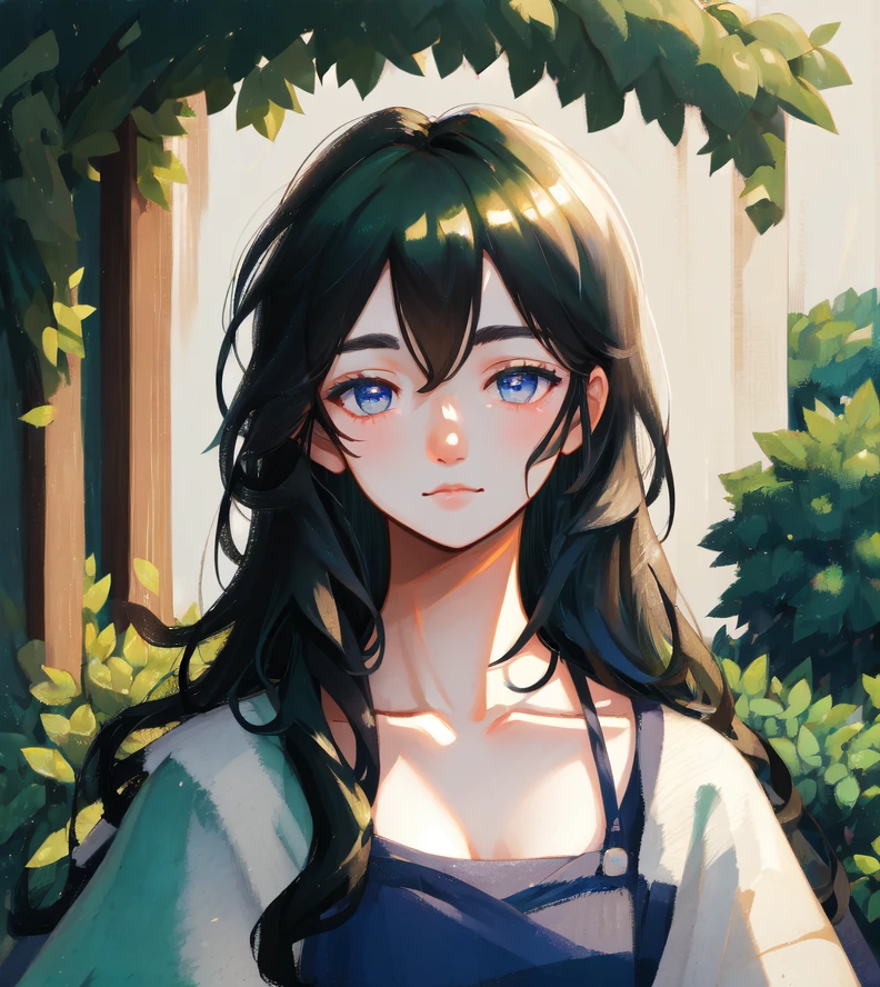 masterpiece, best quality, bush, cute, blue eyes
1girl, solo, long hair, black hair, collarbone, upper body