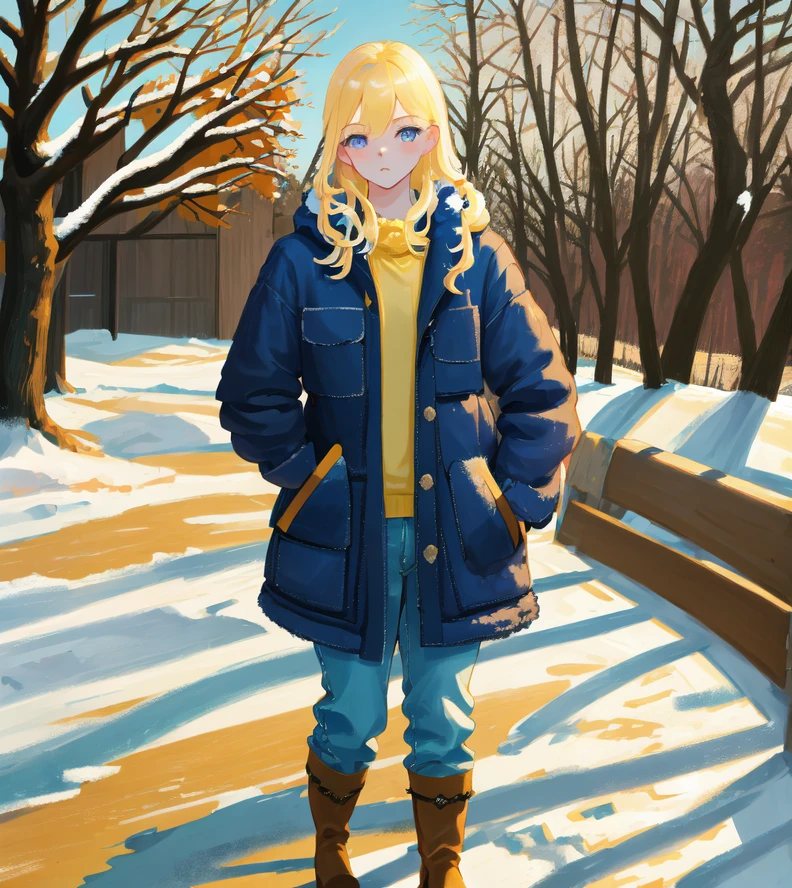 masterpiece, highres, best quality, 1girl, blue eyes, pants, snow, jeans, outdoors, boots, denim, solo, coat, day, tree, winter, standing, blonde hair, hands in pockets, long hair, looking at viewer, yellow shirt, fur trim