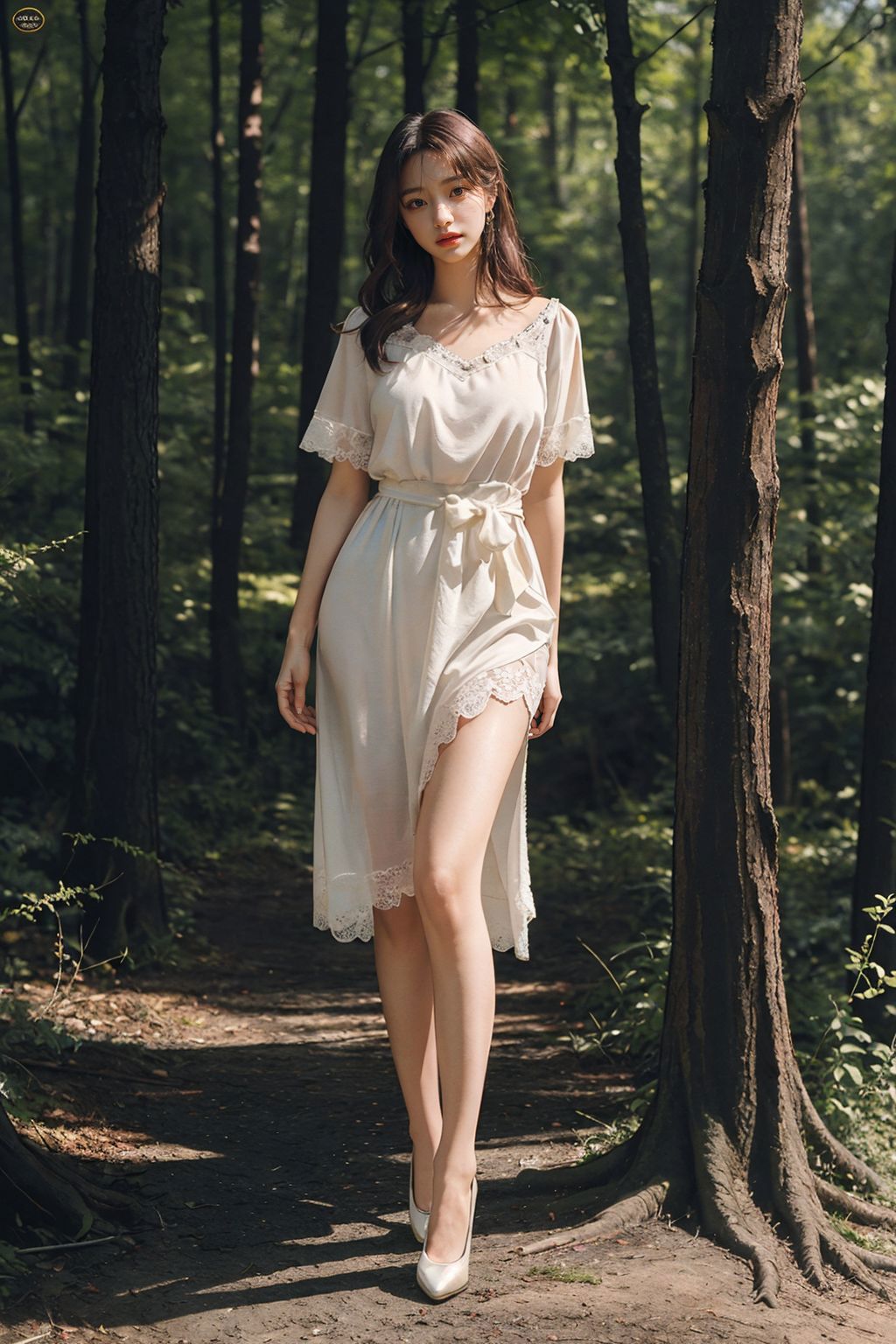 A woman in a white dress walking through a forest - SeaArt AI