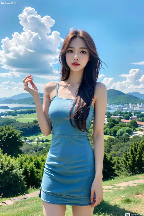 1 girl solo, perfect_hand, (8k, RAW photo, best quality, masterpiece:1.2), (realistic, photo-realistic:1.4), (extremely detailed CG unity 8k wallpaper), ultra-high res, long hair, (short dress:1.2), slim, beautiful leg, perfect skin, Asian, standing, (blurry_background:1.2), outdoor, great view, mountains, clouds, <lora:fashigirl-v5.4-lora-64dim-naivae:0.3> <lora:koreandolllikenessV20_v20:0.4>