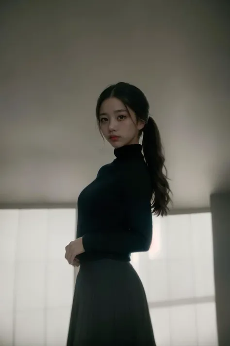 a girl standing inside a large museum with a simple and quiet atmosphere, depth of field, film grain, analog film movie style, vivid color, high contrast, beautiful girl, pony tail hair, beautiful eyes, symmetrical face, turtleneck, plaid skirt, (full body),(masterpiece), (detailed), (intricate details), (realistic:1.4), perfect anatomy<lora:test05:0.5> <lora:koreandolllikenessV20_v20:0.3>