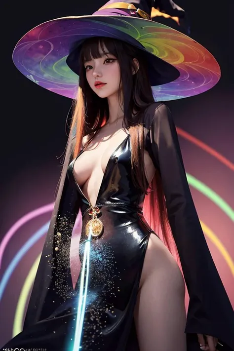 masterpiece, best quality, A 21 year old female,colorful background, small breasts, very long straight hair, blunt bangs, ((witch)) , spectacular lighting effects , surrealism, psychedelic colors, ((from below)),<lora:koreanDollLikeness:0.5>