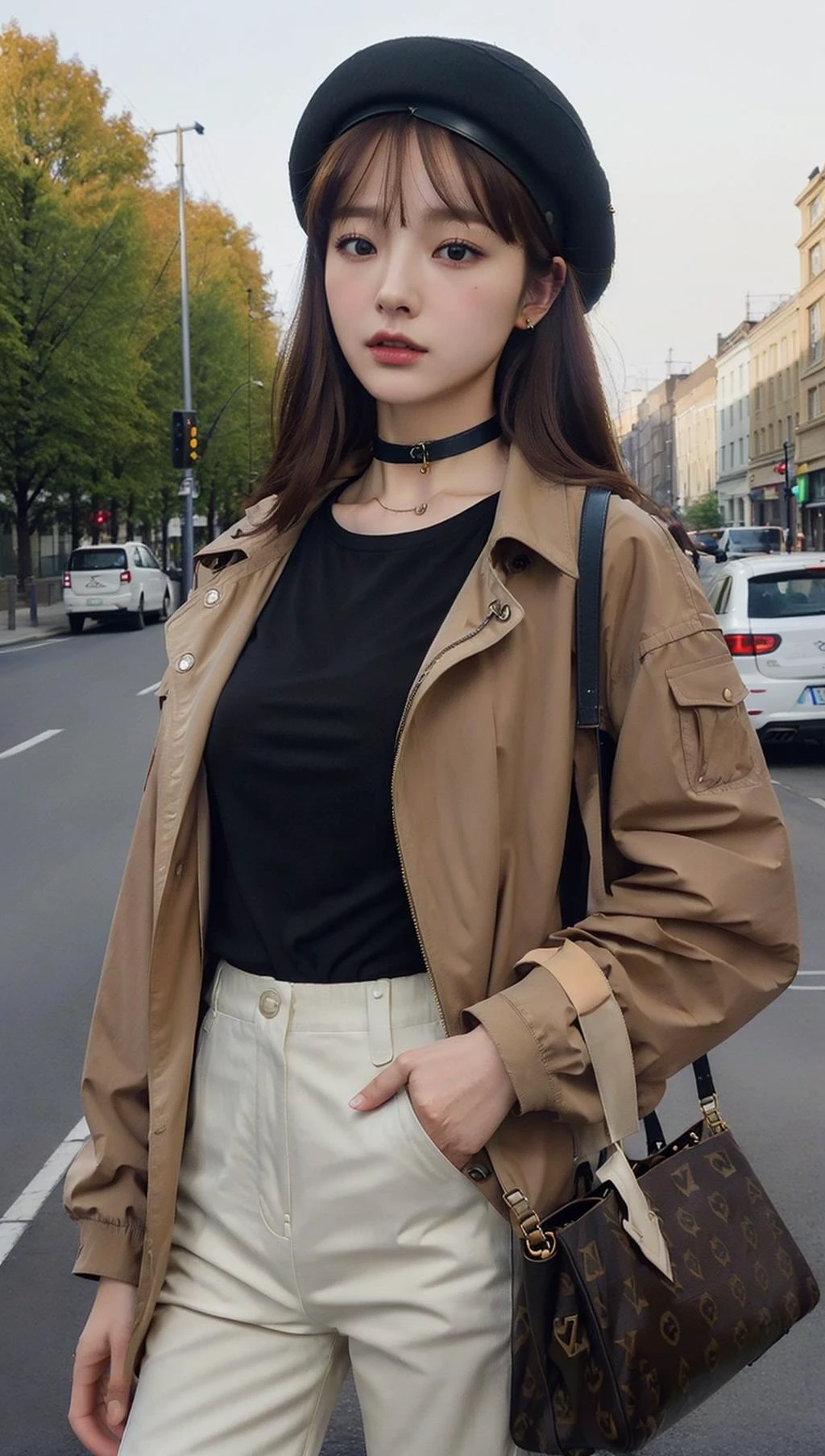 (skindentation:1.2), (realistic:1.1), best quality, photorealistic, 1girl, wearing black t-shirt, jacket, white pants, choker, light brown beret, Bag, streets, studio soft light, rim light, urban, (detailed background:1.2), (wide hip:1.1), look at the viewer, (pureerosface v1:0.2), Louis Vuitton Leather, Burberry plaid, <lora:burberry_v0.6:0.5>, <lora:ChinaDollLikeness v10:0.1>, <lora:Dreamy Girls Face:0.1>, <lora:Korean Doll Likeness v20:0.1>