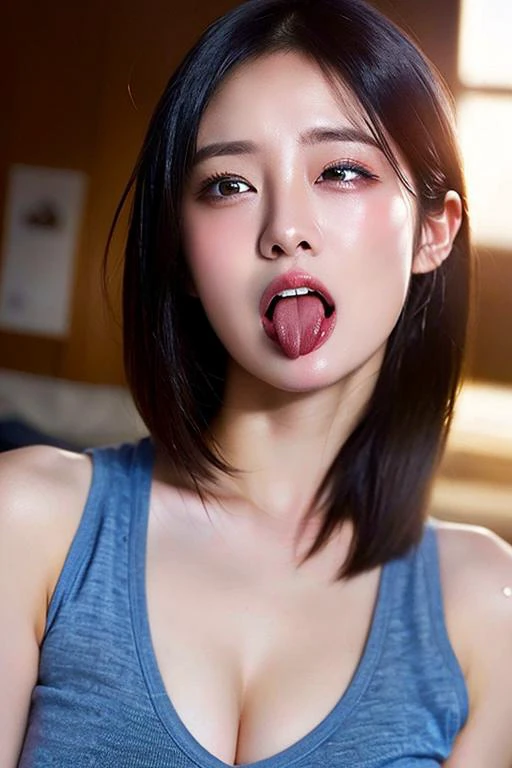 dressed, (photo realistic:1.4), (hyper realistic:1.4), (realistic:1.3),
(smoother lighting:1.05), (increase cinematic lighting quality:0.9), 32K,
1girl, 20yo girl, realistic lighting, backlighting, light on face, ray trace, (brightening light:1.2), (Increase quality:1.4),
(best quality real texture skin:1.4), finely detailed eyes, finely detailed face,
(tired and sleepy:1.2), (joy:0), (smile:0.4), (laugh:0), (ahegao:1.2), (orgasm:1.4), (ecstasy:1.5), (tongue), face closeup, t-shirts,
(Increase body line mood:1.1), (Increase skin texture beauty:1.1)
<lora:koreandolllikenessV20_v20:0.3:OUTALL>
<lora:JapaneseDollLikeness_v15:0.45:OUTALL>
<lora:ChineseDollLikenessV3.0:0.4:OUTALL>
<lora:taiwandolllikenessV20_v20:0.3:OUTALL>
<lora:tongue:0.12>
<lora:tonguedrop-d:0.22>