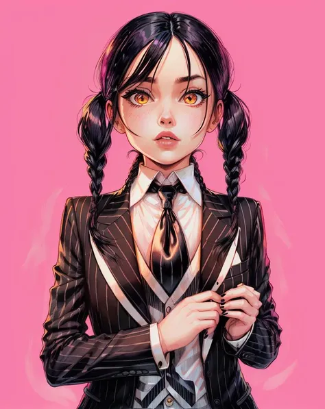 by Bruno Ferreira, a woman with black hair wearing a black tie and a striped suit on a pink background, white shirt, pigtails, wednesday adams <lora:pop_art_dataset-11:.6>