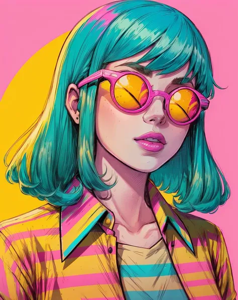 by Bruno Ferreira, a woman with green hair and pink glasses with a yellow background with a pink and blue striped shirt <lora:pop_art_dataset-11:.6>
