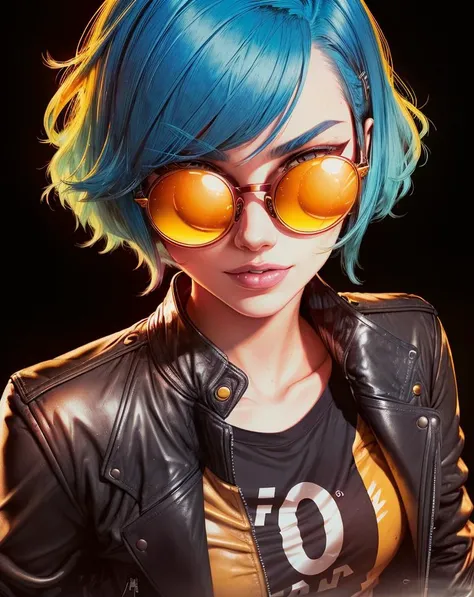 by Bruno Ferreira, a woman with blue hair and yellow glasses, wearing a leather jacket <lora:pop_art_dataset-11:.6>