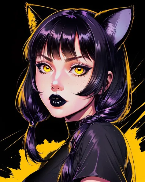 by Bruno Ferreira, a woman with black hair and cat ears, with a yellow background, black pigtails, black lipstick, wednesday adams, black shirt <lora:pop_art_dataset-11:.6>