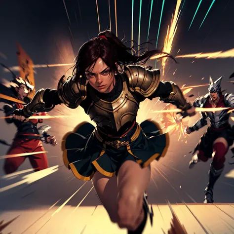 top-quality, Realisticity:1, realistic skin textures, ighly detailed, 8k wallpaper, volume illumination, Dynamic lighting, WARCRAFT, Sparks fly, Group of ancient soldiers chasing and killing, karo, Dramatic and dynamic composition,Attack system, gauntlets, a belt, Shoulder Armor, Cape, pauldron, Underpants, long boots, SLR, Focus,Attack,tribe,leader,strong con,Fictional creatures,Fangs from the mouth,ember,Skull Necklace,unsanitary,Realistic texture,femele,slender,menace,Live action,Fantasia,A dark-haired,face tattoo,Team play with two women