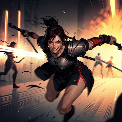 <lora:vella:0.7>,<lora:add_detail:0.5>,<lora:noline:0.3>,<lora:boldline:-0.3>,looking at viewer,grin,
vella,1girl,brown hair,short ponytail,
armor dresses,holding a sword,fantasy,twin swords,dual_wielding,
fighting_stance,(motion_blur:1.2),(motion lines:1.2),speed_lines,running,battle,