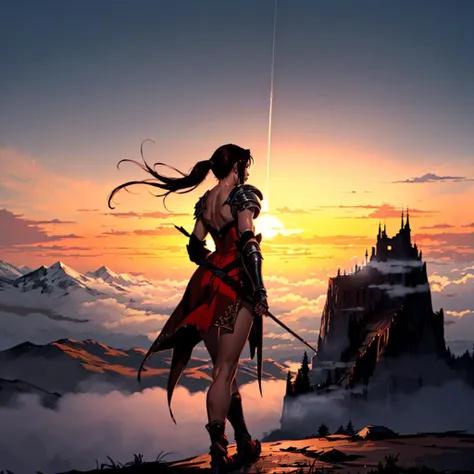 <lora:vella:0.7>,<lora:add_detail:0.5>,<lora:noline:0.3>,<lora:boldline:-0.3>,looking back,
vella,1girl,brown hair,short ponytail,
armor dresses,fantasy,
sunset,mountain,nature,
full body,(wind:1.1),fog,