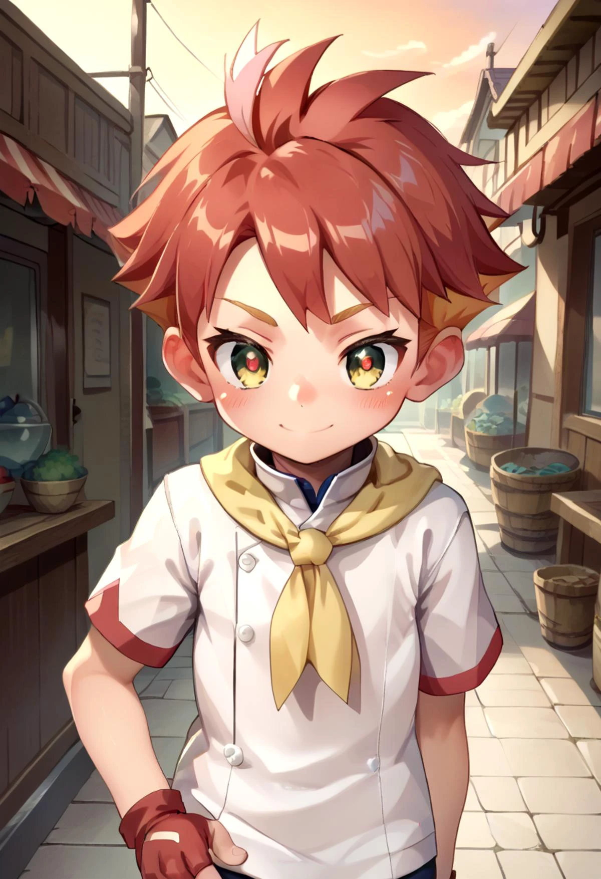 score_9, score_8_up, score_7_up,source_anime, rating_safe BREAK
detailed eyes, village
<lora:cutifiedanimecharacterdesign_variant_type_E_PonyXL_v10:0.6> <lora:crispin:0.7>,petite,
cute,crispin, multicolored hair, red hair, yellow eyes, red pupils, partially fingerless glove, single red glove, short sleeves white jacket, multicolored shorts, white shorts, yellow neckerchief,