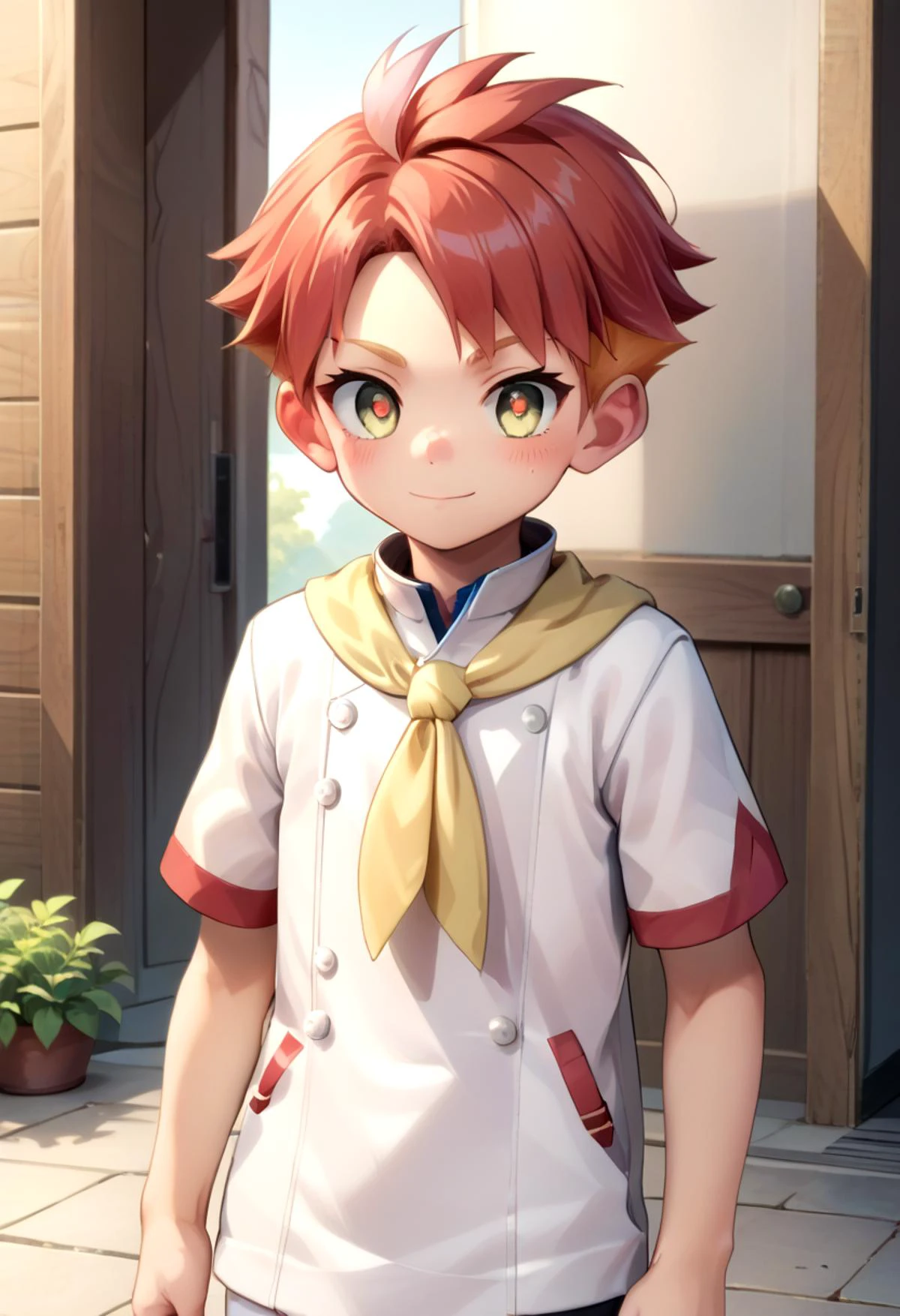 score_9, score_8_up, score_7_up,source_anime, rating_safe BREAK
straight on shot, standing, detailed eyes, village
<lora:PerfectEyesXL:0.8> perfecteyes, <lora:cutifiedanimecharacterdesign_variant_type_E_PonyXL_v10:0.4> <lora:crispin:0.7>
masterpiece, best quality, amazing quality, best aesthetic, ,absurdres,cute,crispin, multicolored hair, red hair, yellow eyes, red pupils, partially fingerless glove, single red glove, short sleeves white jacket, multicolored shorts, white shorts, yellow neckerchief,