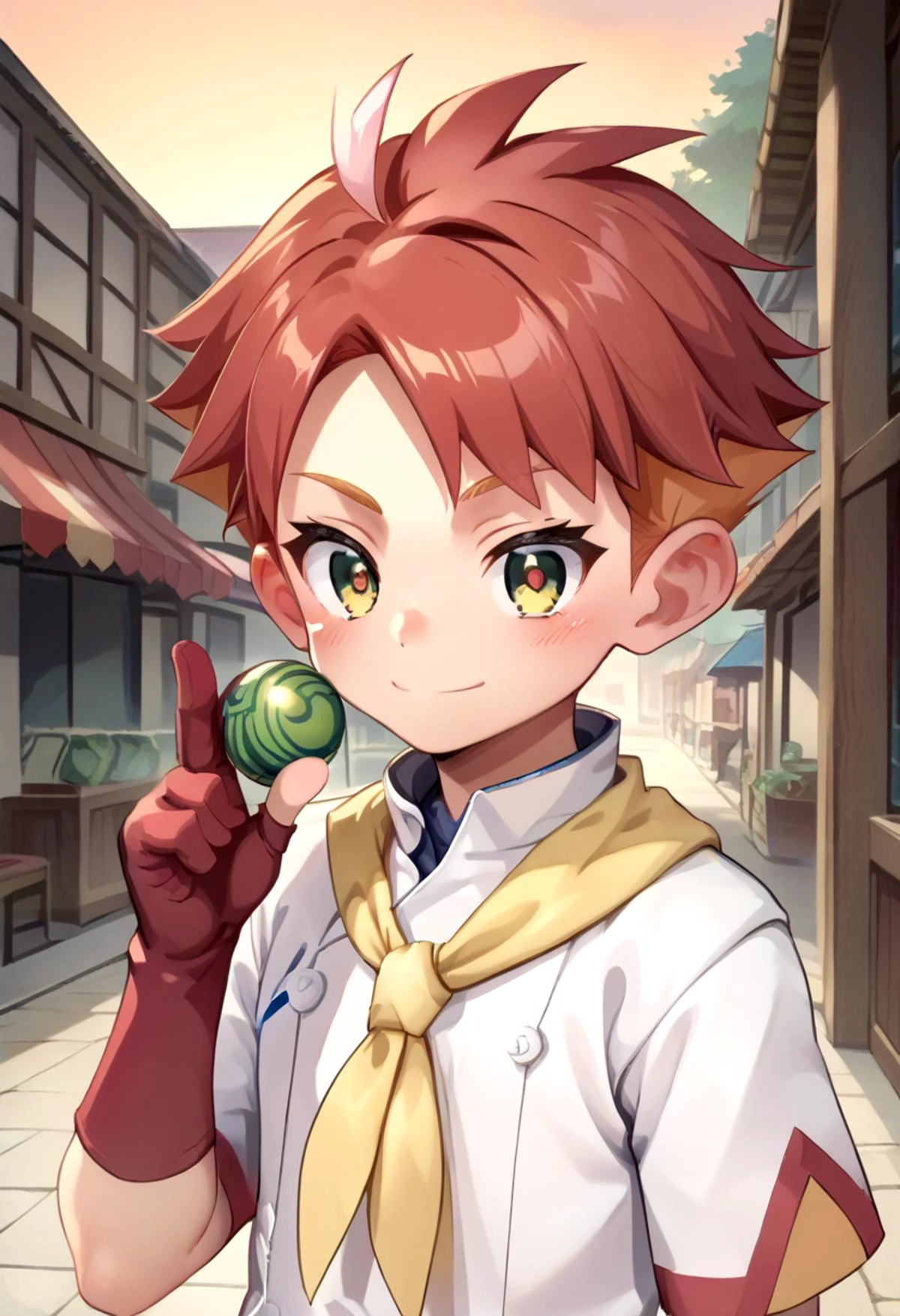 score_9, score_8_up, score_7_up,source_anime, rating_safe BREAK
detailed eyes, village
<lora:cutifiedanimecharacterdesign_variant_type_E_PonyXL_v10:0.6> <lora:crispin:0.7>,petite,
cute,crispin, multicolored hair, red hair, yellow eyes, red pupils, partially fingerless glove, single red glove, short sleeves white jacket, multicolored shorts, white shorts, yellow neckerchief,